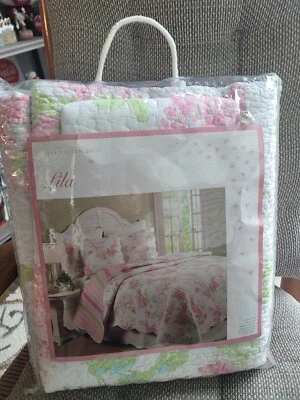 Edredón de algodón lila doble y simulado rosa y verde floral solapa a rayas ¡Nuevo! Foto 1 de 4