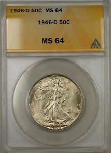 1946-D Walking Liberty Silver Half Dollar 50c Coin ANACS MS 64