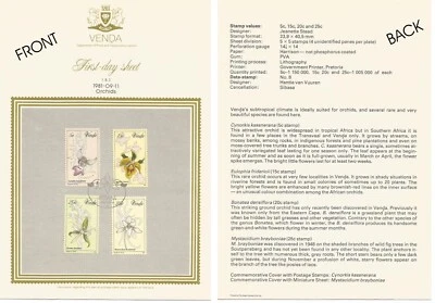 Venda 1981 Orchids  first day sheet  Set 4 stamps  ORCHID FLOWERS SOUTH AFRICA - Image 1 of 3