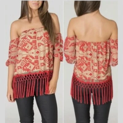 NWT LINE & DOT Off-the-Shoulder Fringe Red Cream Top Size S - Image 1 of 4