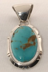 Signed Navajo Sterling Silver Turquoise Mountain Mine Turquoise Pendant - Picture 1 of 5