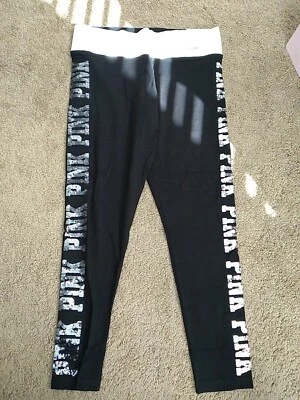 VICTORIA SECRET PINK BLING LOGO BLACK SILVER LEGGINGS S 2017 HTF Vintage New - Image 1 of 4
