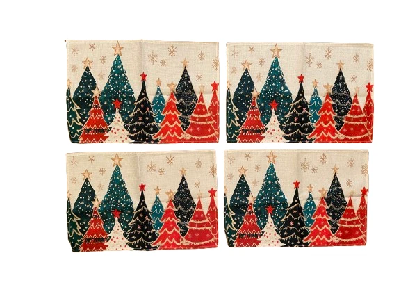 Set of 4 Christmas Placemat Set 12x18in Woven Polyester Trees NEW Colorful - Image 1 of 1