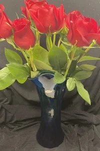Blenko Tall Blown Graduated Cobalt Blue W/ Green Ruffled Collar Art Glass Vase - Picture 1 of 6