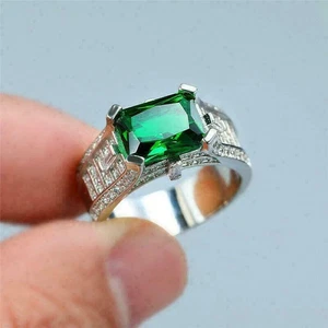 4Ct Emerald Cut Lab Created Emerald Men's Engagement Ring 14K White Gold Plated - Picture 1 of 3