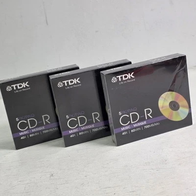 3 - TDK CD-R Recordable Music 5 Pack 700 MB/Mo 80 Minute 40X New Sealed 15 Total - Image 1 of 4