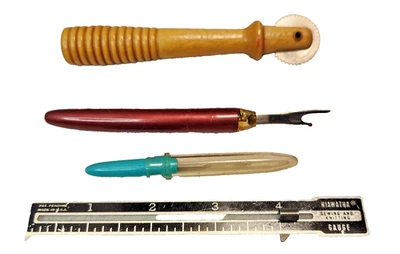 Vintage Sewing Tools: Tracer Seam Ripper Crochet Hook Metal Knitting Gauge Ruler - Image 1 of 4