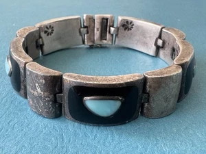 Vintage RARE Navajo Turquoise Inlay .925 Sterling Silver Link Bracelet 108 gr - Picture 1 of 14