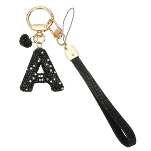 Bling Initial Letter Keychain Key Wristlet for Bag Car Accessories, Black-A - Picture 1 of 7