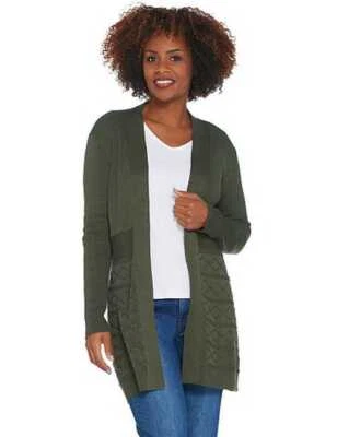 Denim & Co Olive Green Open Front Cable Detail Long Sweater Cardigan New - Image 1 of 4
