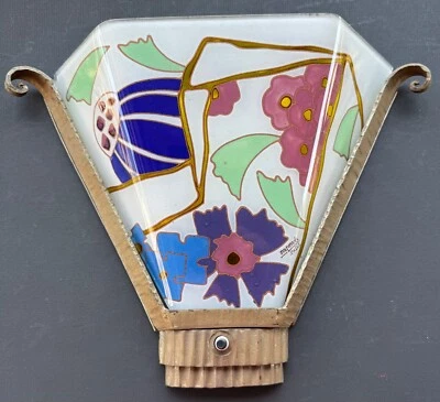 Aplique de pared con pantalla de vidrio pintado a mano Art Deco MAXONADE VERRIER D'ART París ¡RARO! Foto 1 de 4