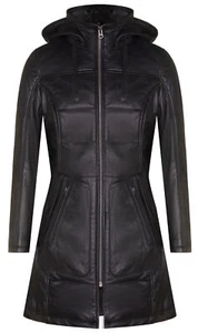 Women's Black Leather Puffer Jacket Quilted Detachable Hooded Trench Parka Coat - Picture 1 of 4