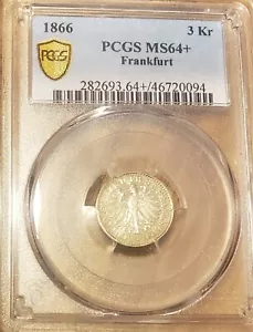 1866 Deutschland Frankfurt 3 Kreuzer Silber. PCGS MS 64+ - Bild 1 von 2