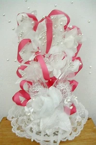 Beautiful BLOWN GLASS SWAN Cake Topper Pearls, Lace & Pink Ribbon 10" High EUC - Picture 1 of 7