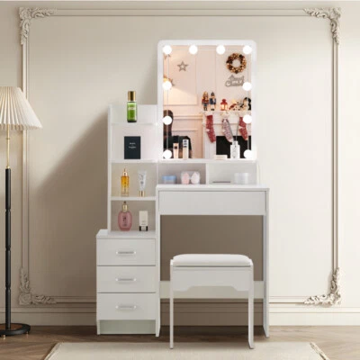 Makeup Desk Dressing Table With Mirror 4 Drawers Stool Vanity Set +Bulbs - Image 1 of 4