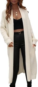 Women's Lightweight Long Waffle Knit Shawl Collar Open Front Duster Cardigan - Picture 1 of 9