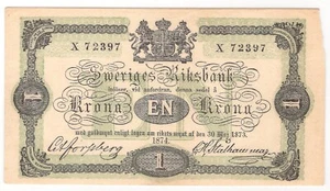 SUECIA 1 corona 1874 P:1a en estado bastante bueno *RARO - Primera edición* - Imagen 1 de 2