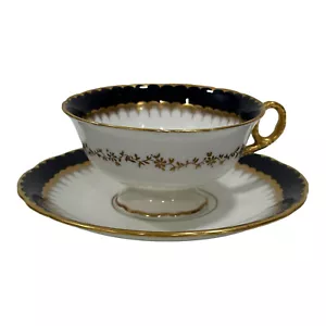 COALPORT Teacup & Saucer Bone China AD 1750 Gold Cobalt Blue Spearpoint - Picture 1 of 8