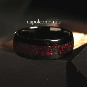 8 mm Crushed Black Fire Opal Wolfram Ring Herren Ehering, bequeme Passform - Bild 1 von 10