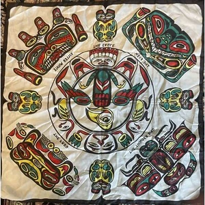 Vintage Schal mit indianischer kanadischer Haida Kunstschnitzerei Symbol Frosch Fisch Adler Wal - Bild 1 von 10