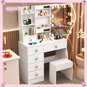 Girls Dressing Table Mirror Drawers Vanity Makeup Desk Stool Set With LED Lights - Picture 1 of 10