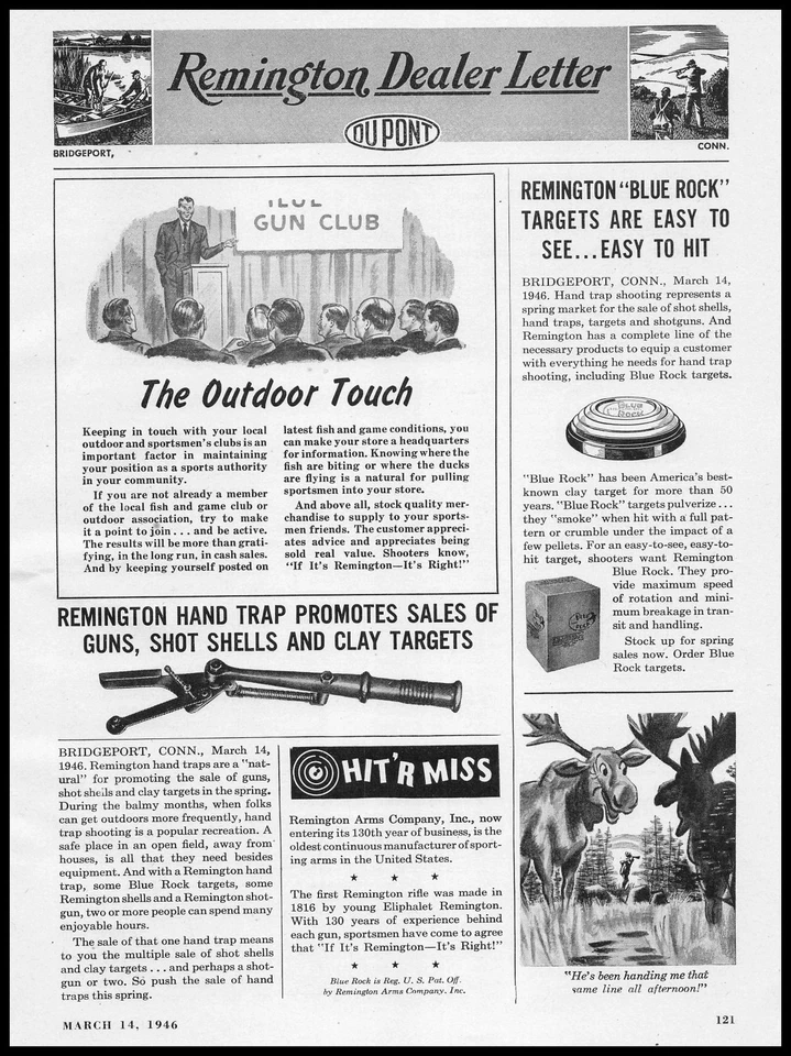 Carta de distribuidor de armas Remington 1946 Bridgeport CT Blue Rock Trap objetivos anuncio impreso Foto 1 de 1