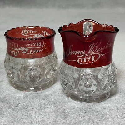 EAPG - Ruby Stained Kings Crown Pattern Spooner & Creamer - Vtg Tiffin Glass - Image 1 of 4