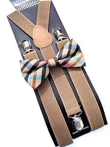 New Tan Khaki Suspender and Pastel BOW TIE SET Tuxedo Wedding Suit  - Picture 1 of 4