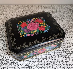 90s Vintage Retro Kitsch Black Floral Biscuit Trinket Storage Tin Shabby Chic - Picture 1 of 6