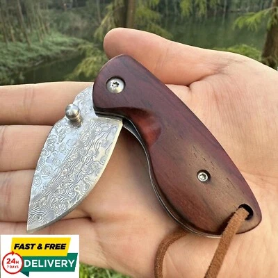 Cuchillo Plegable Hecho a Mano Cuchillos Damasco Acero Mango Madera Táctico Caza Pocke Foto 1 de 4
