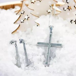 Diamant Kreuz Halskette Ohrhänger Set Sterlingsilber April Geburtsstein - Bild 1 von 11