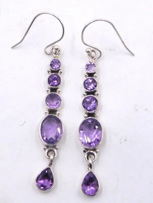 5.5 GM 925 Argento Sterling Massiccio Naturale Ametista Taglio Gemma Orecchino - Immagine 1 di 4