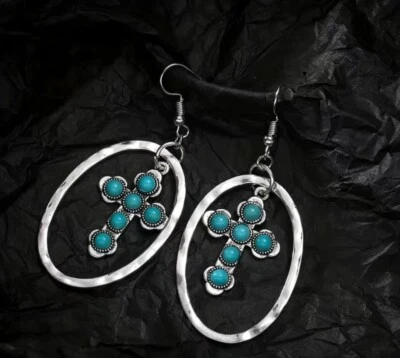 Pendientes Cruz Turquesa Sintética Estilo Vintage, Pendientes Colgantes Exagerados Foto 1 de 4