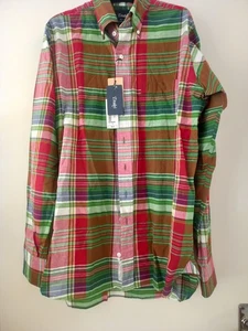 New Drake's Button Down Madras Shirt in Green and Red - Size: 16.5 - 42 - Picture 1 of 13