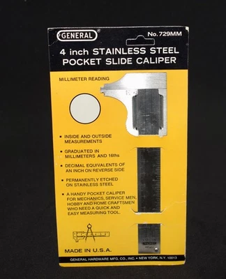 General Tools #729 4" Stainless Steel Pocket Slide Vernier MM Caliper ~ NEW - Image 1 of 4