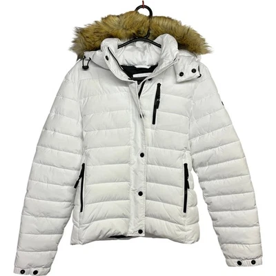 Superdry Mujer Chaqueta acolchada blanca con capucha de piel sintética talla 12 Reino Unido Foto 1 de 4