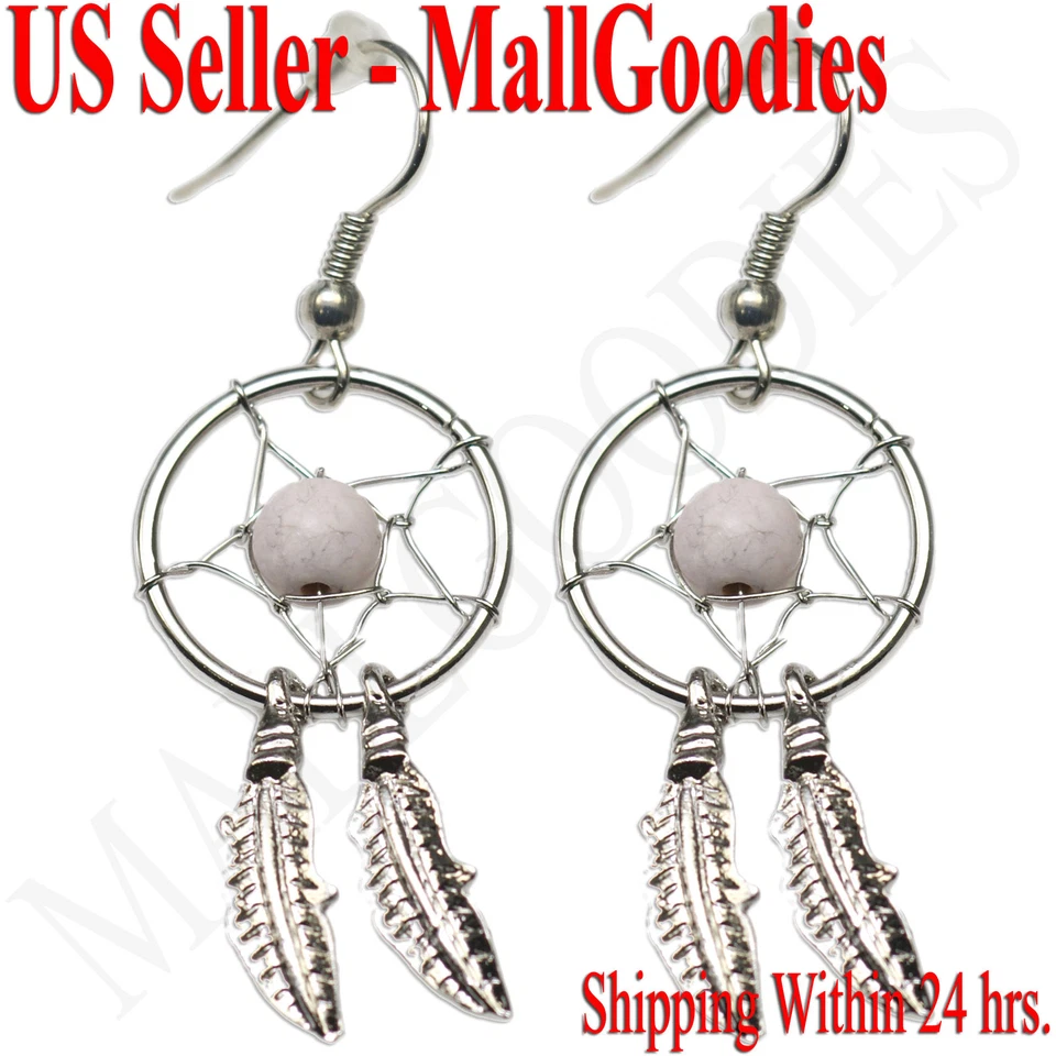 E003 Off White Dreamcatcher Dream Catcher Earrings Feathers Bead hook Studs Foto 1 de 1