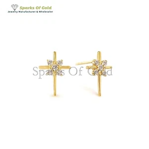 Aretes con cruz de diamantes pavé natural de oro amarillo de 14 k hechos a mano joyería regalo - Imagen 1 de 3