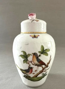 Herend Rothchild Bird Pattern Lidded Urn Cannister Ginger Jar with Rose Finial - Picture 1 of 10