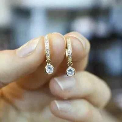 Round Cut Lab Created Diamond Women Huggie Hoop Earrings 14K Yellow Gold Finish - Image 1 of 4