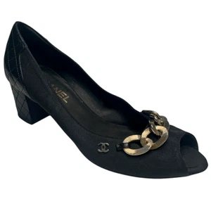 Chanel Interlocking CC Logo Black Nylon Pump EU 39 US 8-8.5 Chain Peep Toe Heels - Picture 1 of 12