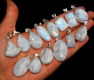 50 PCs. NATURAL Blue Flash AAA Moonstone 925 Silver Plated Bezel Pendants Lot - Picture 1 of 3