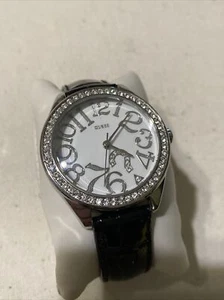 Guess Watch Women Silver Tone Bling Bezel Logo Dial Leather Band New Battery - Picture 1 of 6