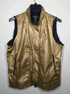 RALPH LAUREN ACTIVE WOMEN’S SIZE LARGE GOLD METALLIC SHINY NYLON JACKET VEST Y2k - Picture 1 of 8