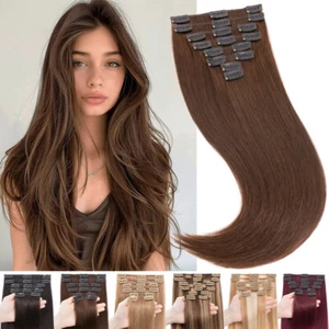 LIQUIDACIÓN Clip en Extensiones de Cabello Remy Real 100% Cabello Humano Cabeza Completa 8 PIEZAS Marrón - Imagen 1 de 63