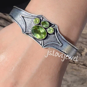 Faceted Peridot Gemstone Bangle 925 Sterling Silver Bracelet 1st Time Gift - Picture 1 of 5