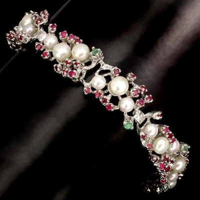 Rubin Smaragd Perle Armband 925 Silber 585 Weißgold vergoldet - Bild 1 von 2