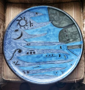 Large 19.5" Ceramic Charger Mid Century Modern Pottery Abstract Blue/Blk - Picture 1 of 9