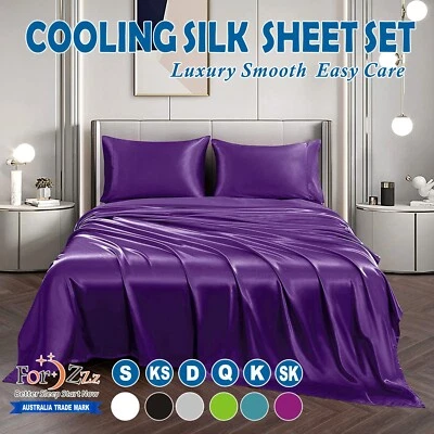 2200TC Cooling Silk Satin Flat Fitted Sheet Bed Set S/KS Double Queen King Bed - image 1 of 4