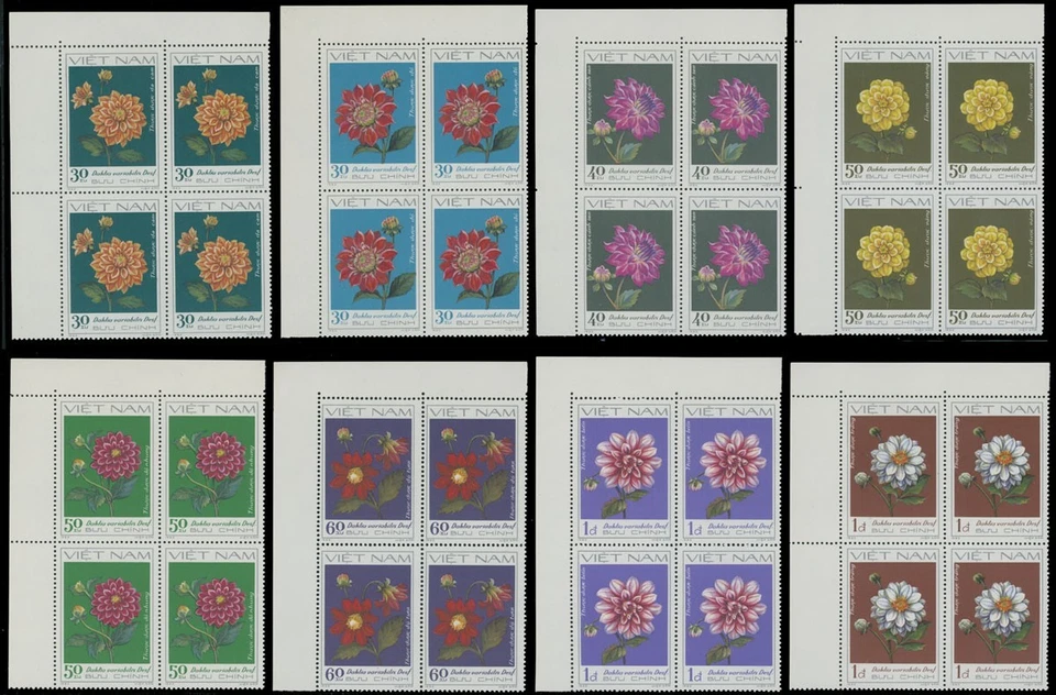 1982, VIETNAM, FLORES - DALIAS, JUEGO DE 8, BLOQUES DE ESQUINA DE 4, NH, SC. #1202-09 Foto 1 de 1